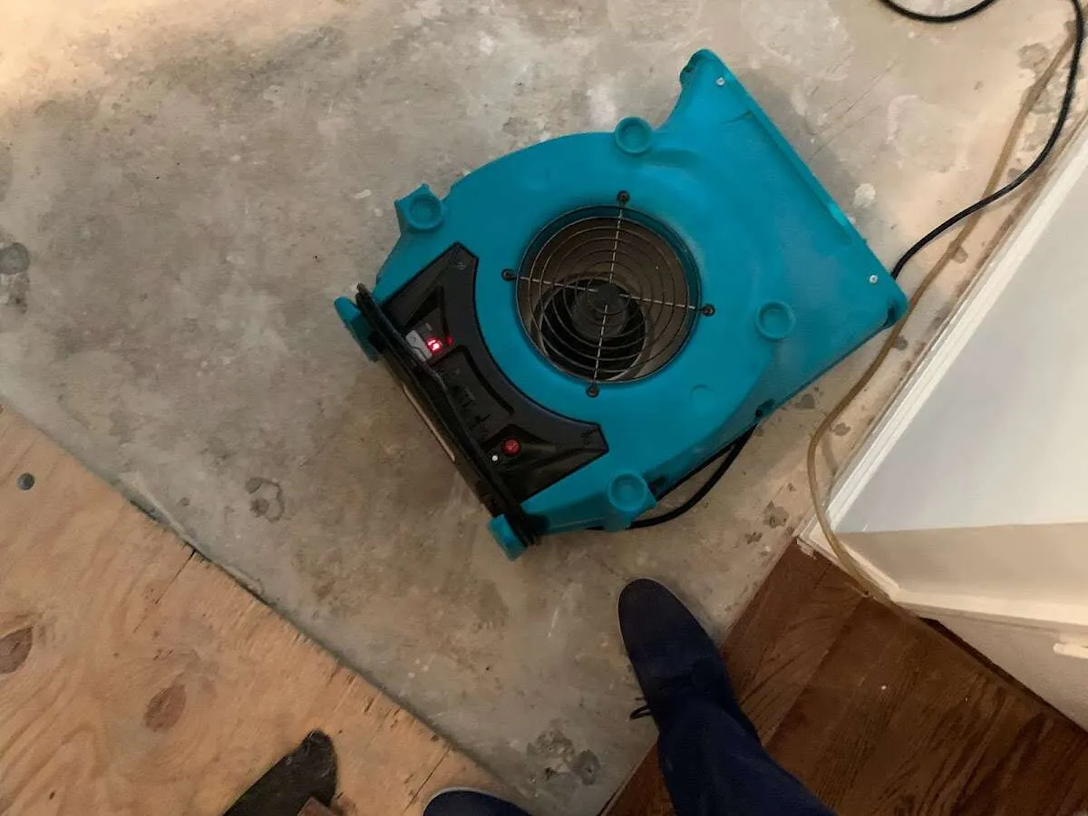 Air mover drying subfloor during Commercial Water Damage Restoration in Flagler Beach